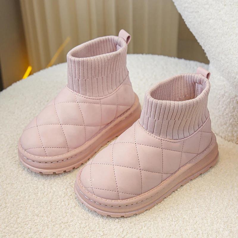 Children's Boots Sock Style Snow Boots Girls Short Boots Kids Cute Sewing Autumn Winter New Warm Cotton Shoes for Boys Unisex PU