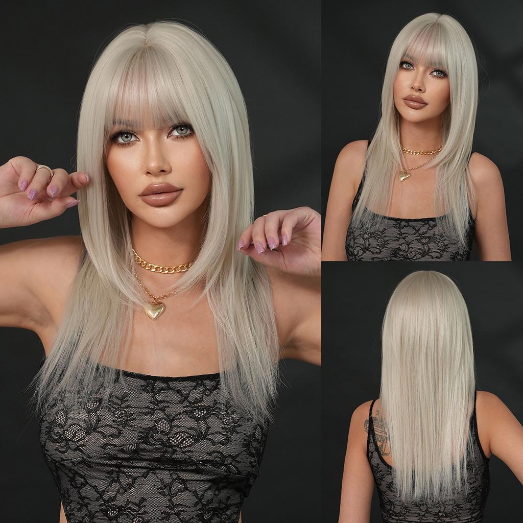 Silver White Layered Straight Wig for Women - Air Bangs Full Cap Wig, Party Halloween Cosplay Machine Made Wig, Silver Options Available