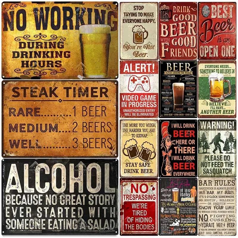 HD Metal Tin Sign Vintage Funny Beer Bar Wall Decor Retro No Working Steak Timer Alcohol Sign for Man Cave Pub Bar Kitchen Dec
