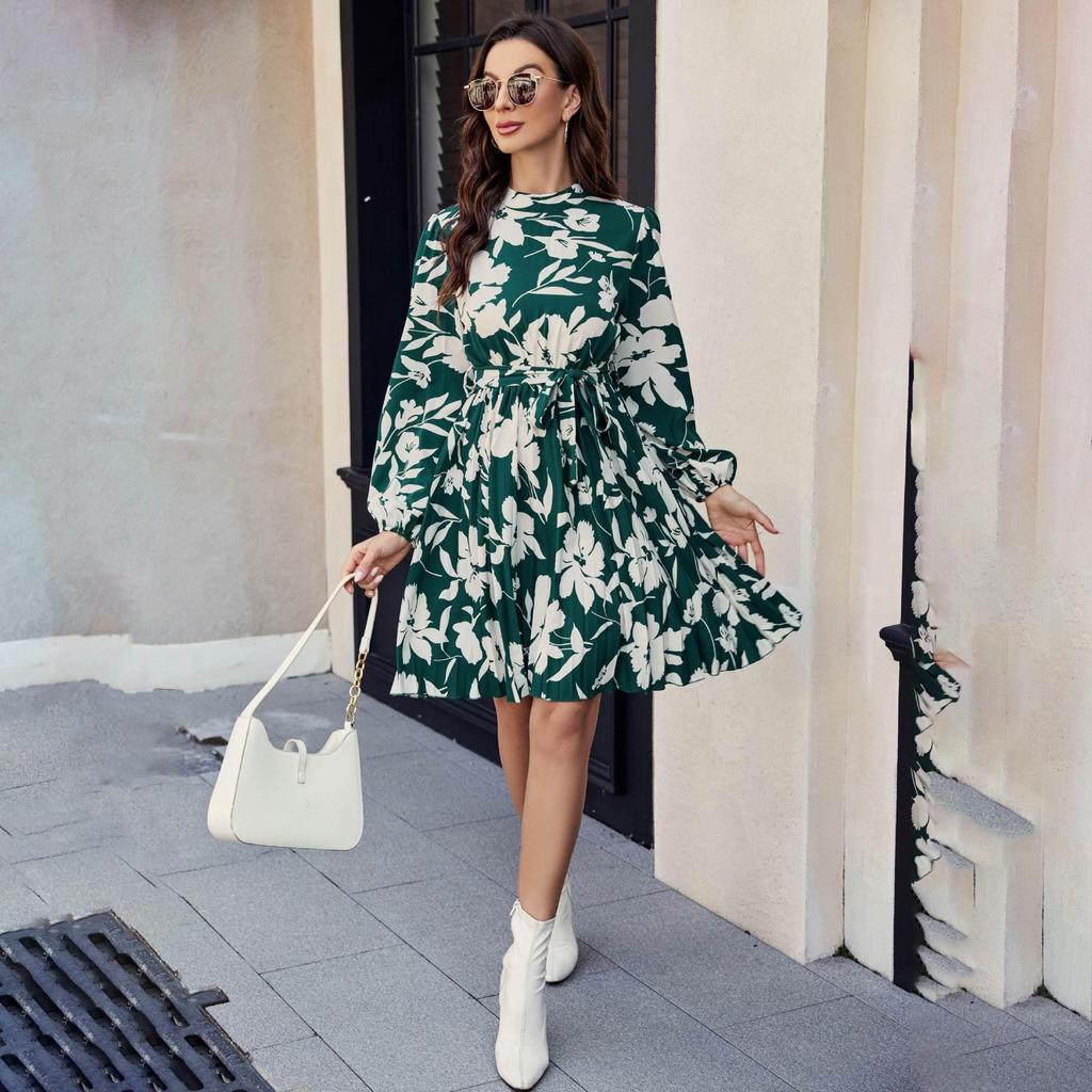 Women Printed Full Sleeve Round Neck Short Dress