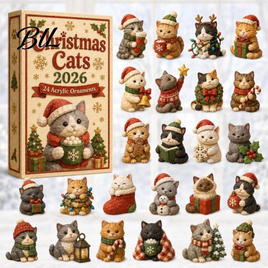 24 Day Christmas Countdown Cat Advent Calendar, with Cute Ornaments, Calendar 2D Acrylic Kitty Holiday Decorations, Gift for Kids, Party Favors Gifts