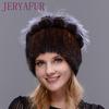 Зимняя меховая шапка из норки для женщин, серебряная меховая вязаная шапка, женская шапка с лисьим мехом