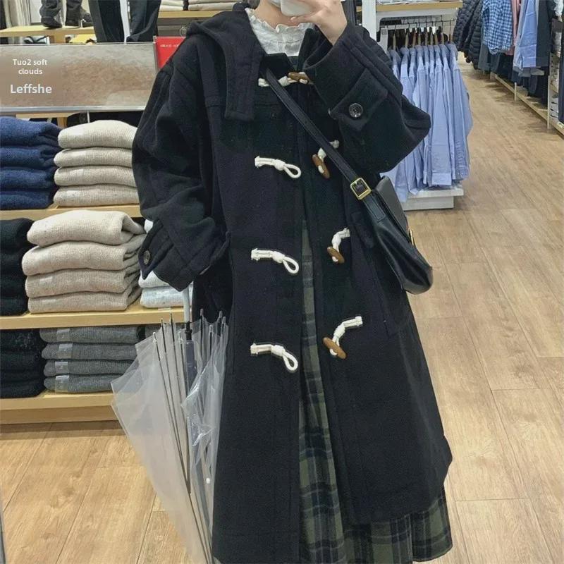 Женское шерстяное пальто свободного покроя с капюшоном — корейский стиль Хепберн для осени и зимы