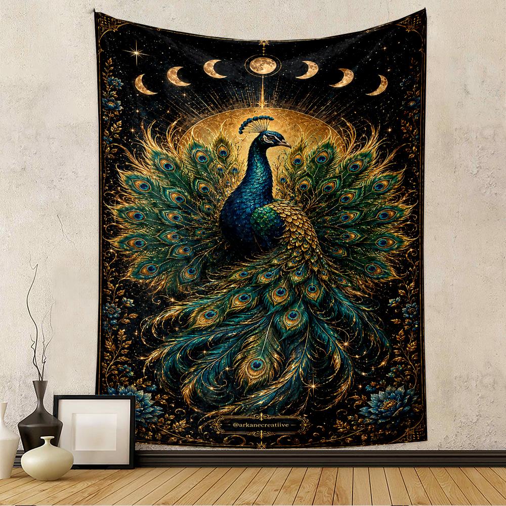 Majestic Peacock with Moon Phases Design Patterned tapestry for bedroom and living room home decor