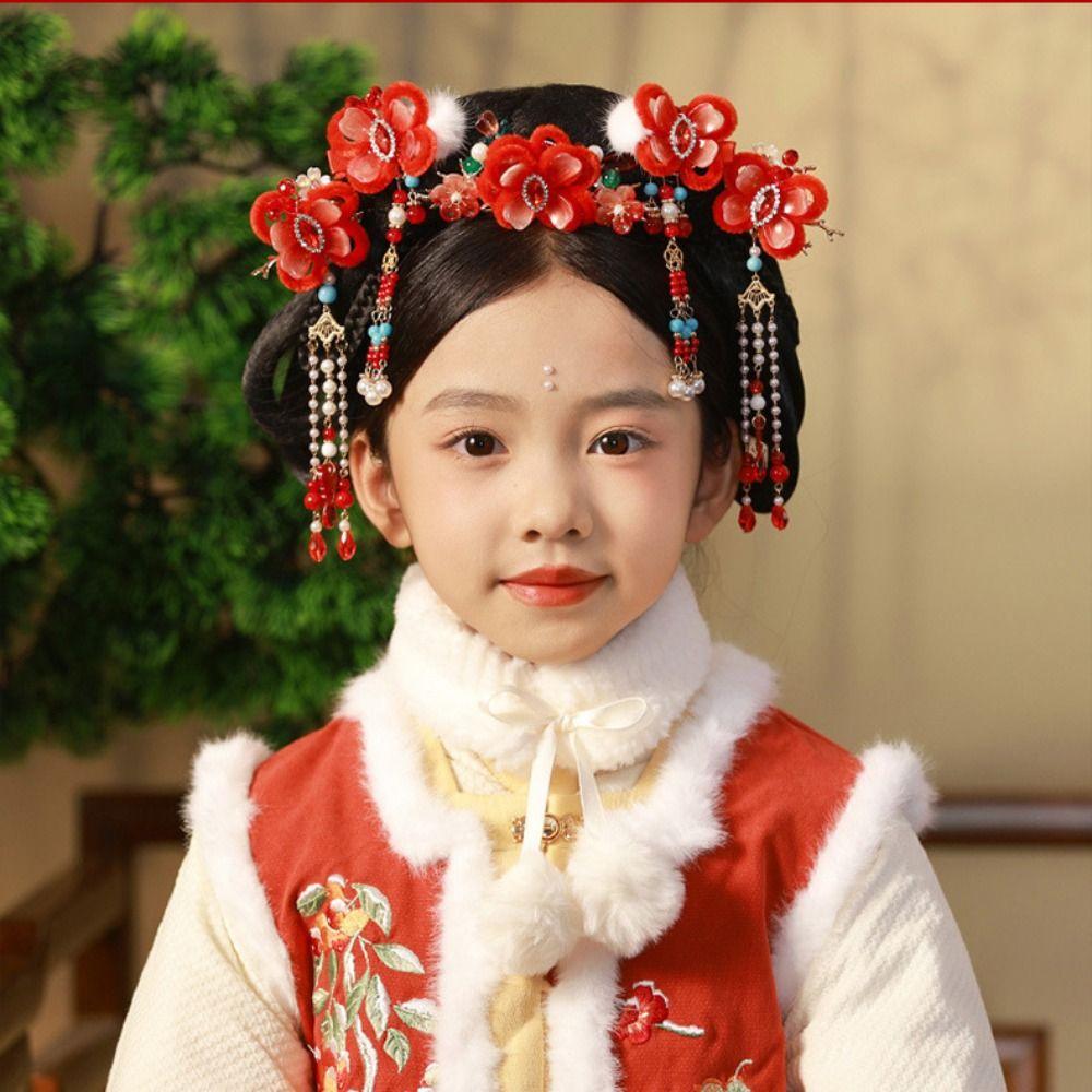 Tassel Chinese Style Hairpin Set Red Flower Hair Comb Ancient Style Hanfu Hair Stick  Women