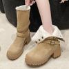 Winter Women Plush Warm Snow Boots Fashion Khaki Suede Leather Elegant Platform Short Boots 6cm Square Heel Casual Ladies Shoes