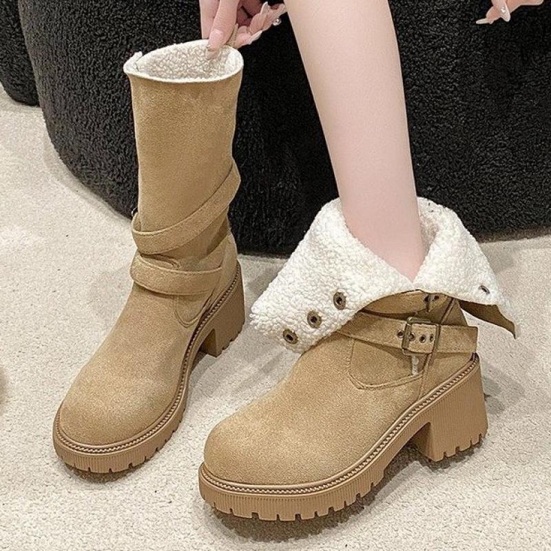 Winter Women Plush Warm Snow Boots Fashion Khaki Suede Leather Elegant Platform Short Boots 6cm Square Heel Casual Ladies Shoes