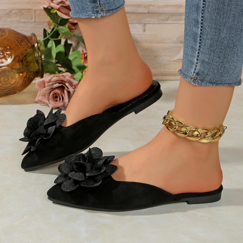 Fashion Leisure Black Cloesd Toe Slippers Women 2025 Summer Leopard Flat Heels Shoes Women Big Flower Slip On Daily Shoes Women