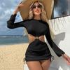 3Pcs/Set Women Bikini Set Halter Bra Lace-up Swimming Trunks Set with See-through Mesh Yarn Cover Up Dress
