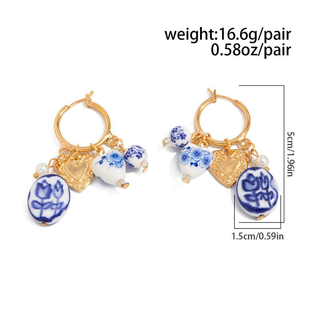 Ювелирные аксессуары Сине-белые фарфоровые серьги Цинк Цинковый сплав Серьги-кольца Керамическая ушная пряжка Вечеринка