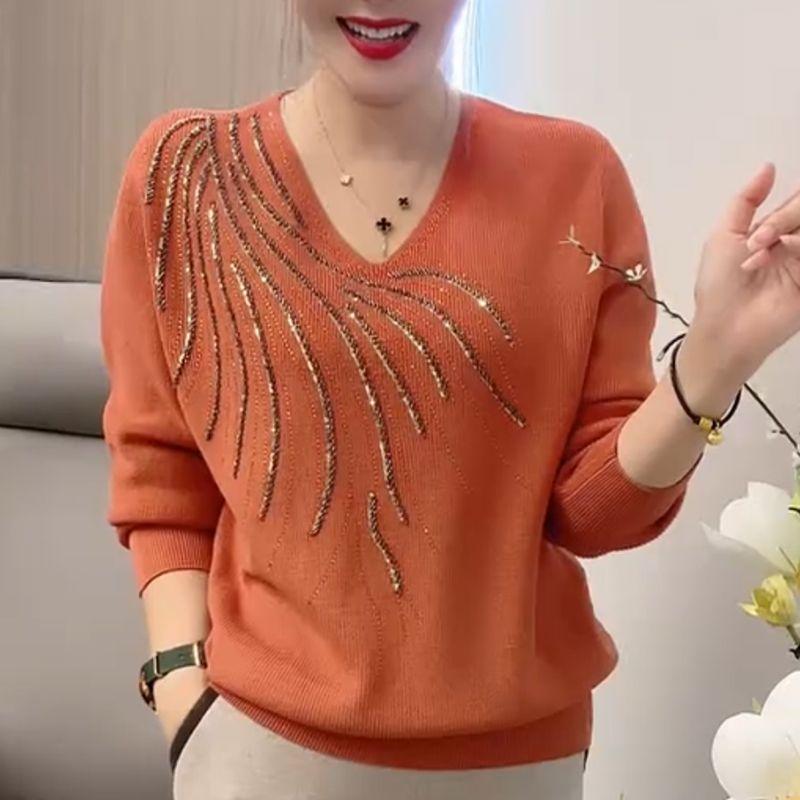 Autumn Winter Women Sweaters Pullovers Solid V-Neck Diamonds Temperament Fashion Casual Long Sleeve Bottoming Shirt Knit Tops