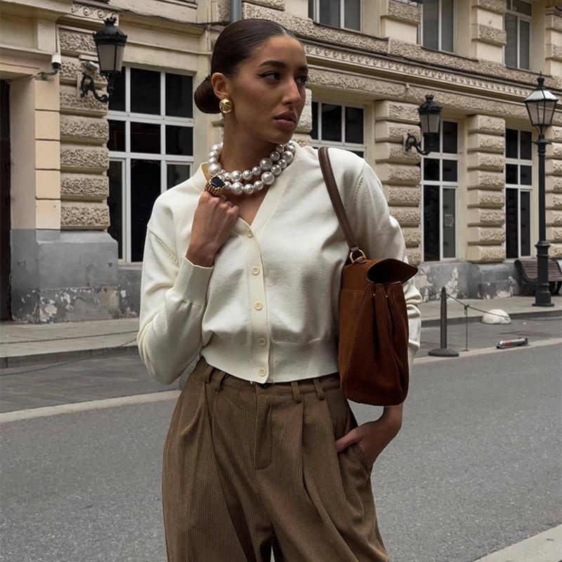 Вязаные кардиганы с V-образным вырезом, женские шикарные однобортные свободные элегантные однотонные свитера для женщин 2025 года, повседневные топы с длинным рукавом для женщин