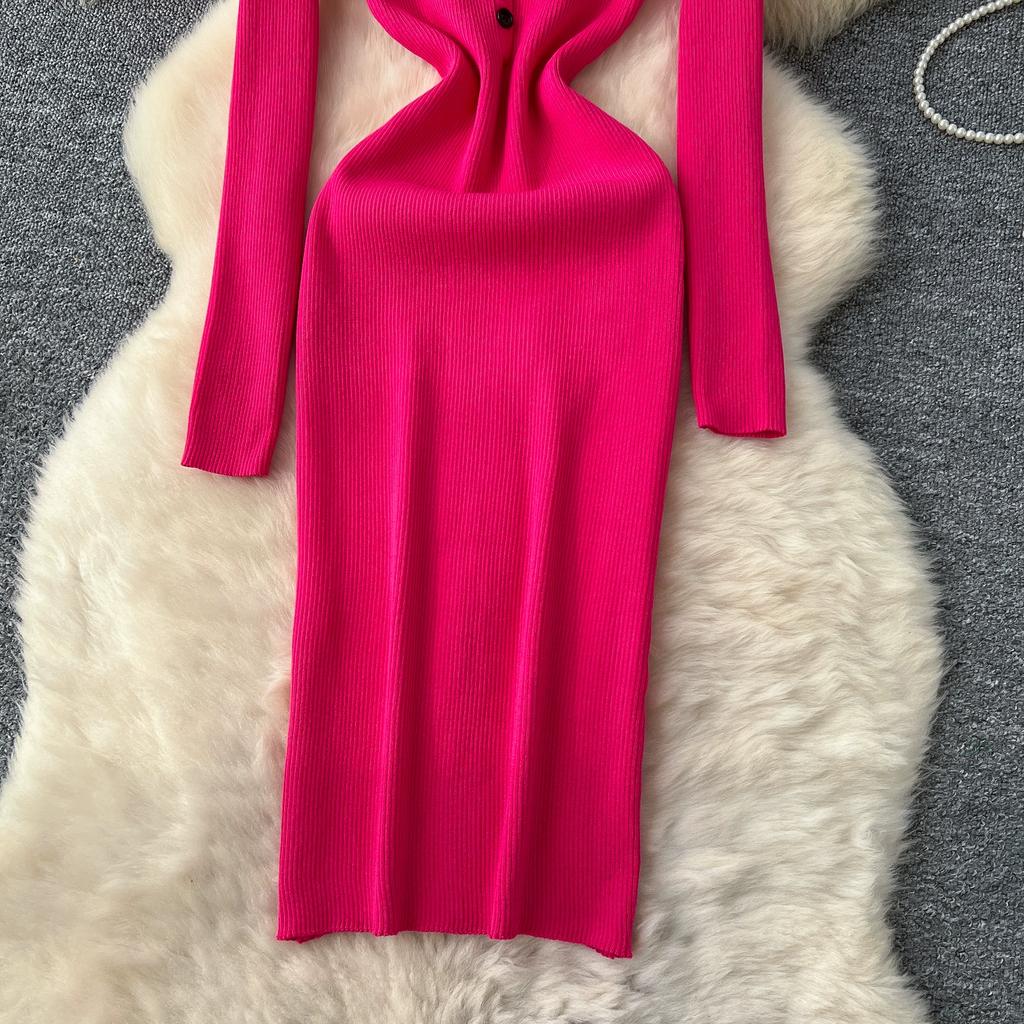 Весна Осень Женский Элегантный Вязаный Свитер со Стойкой Воротником Офисная Работа Длинные Миди Приталенные Платья-Футляры