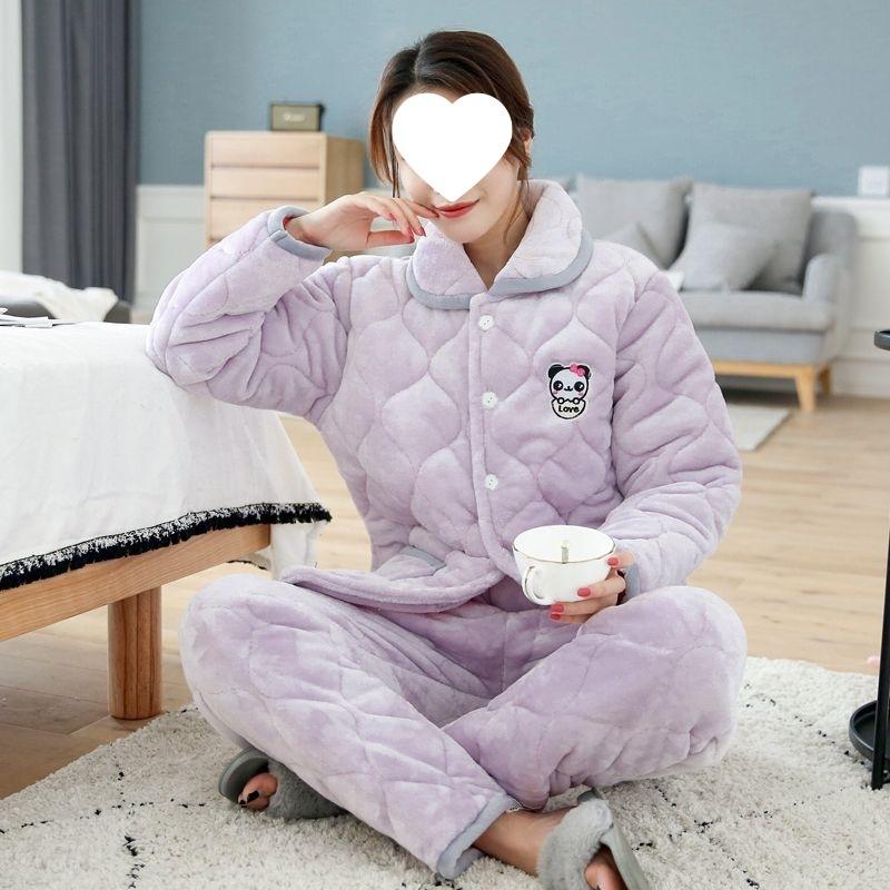 Пижама женская трехслойная утолщенная и милая зимняя можно носить больших размеров теплая стеганая домашняя одежда