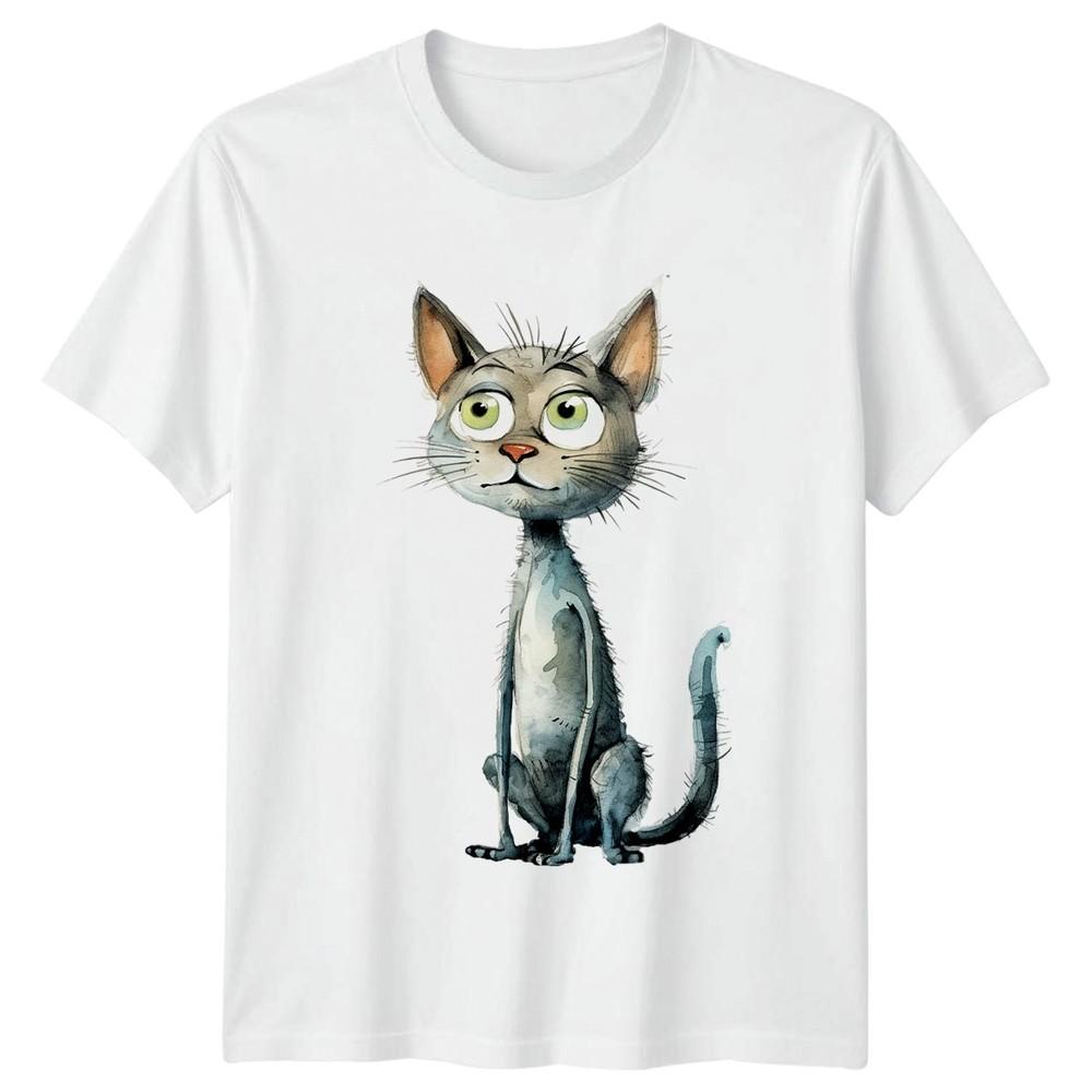 Funny Whimsical Grey Cat Illustration TShirt Art Gift For Him And Her