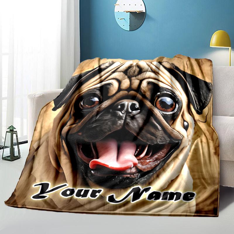 1PC Custom Name Pug Portrait Custom Artwork flannel blanket versatile,all-season throw suitable for the living room,bedroom,camping,travel,and gift