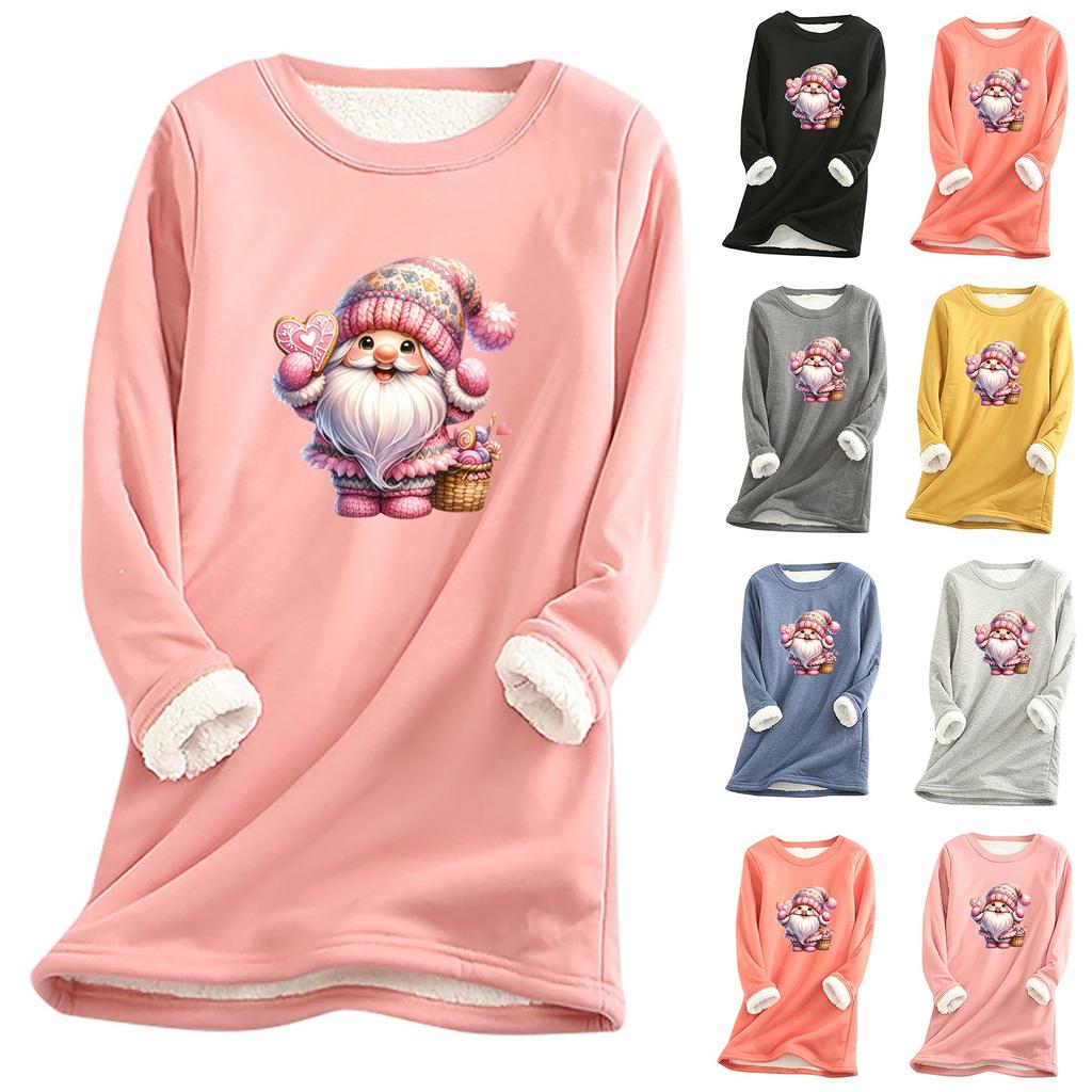 Женский круглый вырез с принтом из утолщенного плюша и кашемира, теплый длинный топ