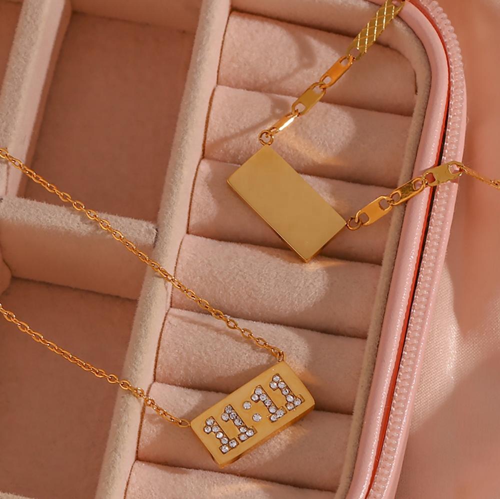 Waterproof Gold Plated 11:11 Pendant Necklace Stainless Steel Pig Nose Chain Zircon Angel Number Necklace Women