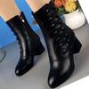 Soft Leather Short Boots Women's Autumn and Winter Fashion Mid-heel Mid-tube Cotton Shoes Velvet Soft-soled Mother Short Boots Fashion Boots