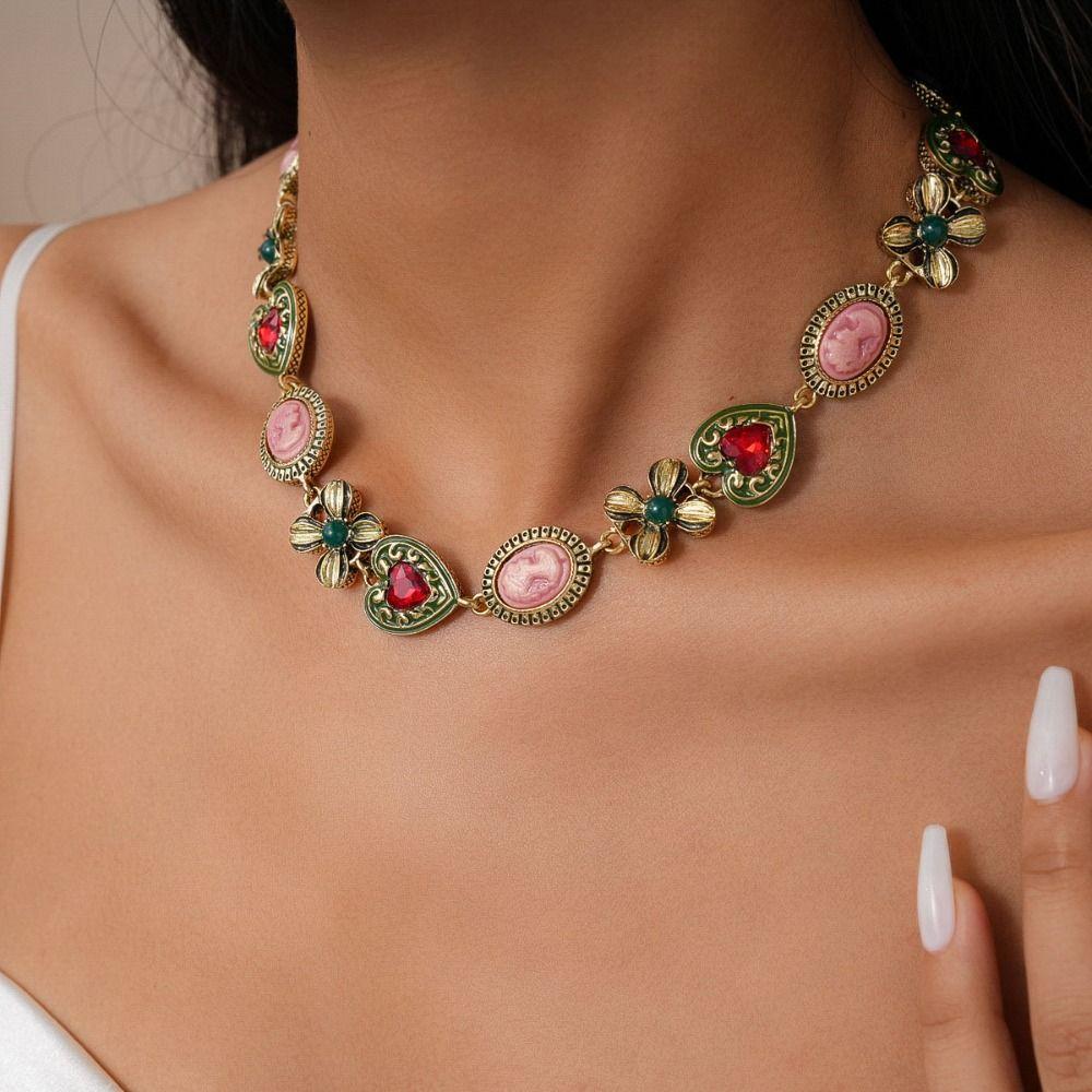 Flower Heart Cameo Jewelry Set Zinc Zinc Alloy Retro Emboss Earrings Court Style Vintage Necklace Set Girls