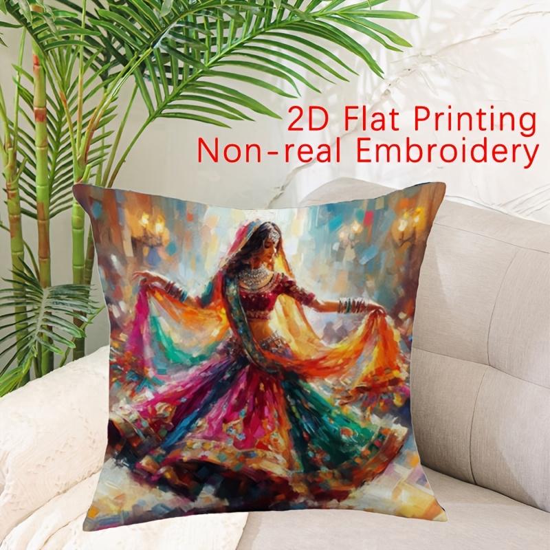 Colorful Indian Dancer Pillow Cover Vibrant Bollywood Art Print Ethnic Floral Cushion Case For Sofa Bed Couch Boho Home Decor