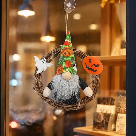 Festive Pumpkin Ornament Halloween Gnome Wreath, Faceless Rattan Rustic Hanging Decoration Wreath with Ghost for Front Door Wall Holiday Party Decor