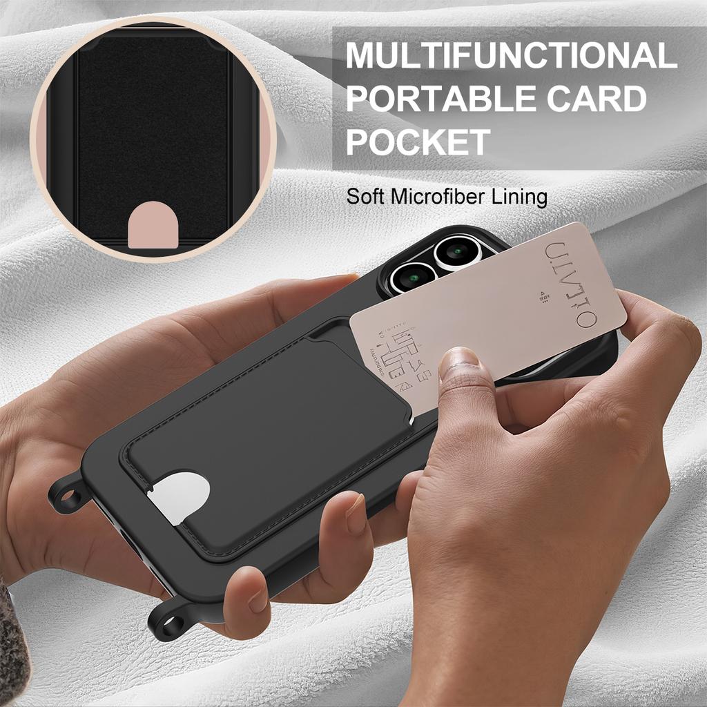 For iPhone 17 Pro Max Case Liquid Silicone Card Holder Phone Back Cover with Wrist Strap