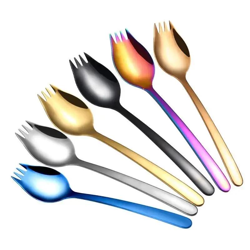 Kitchen Tools Stainless Steel Fruit Fork Dessert Forks for Cake Snack Salad Fork Spoon 2 In 1 Colorful Bento Accessories Supply