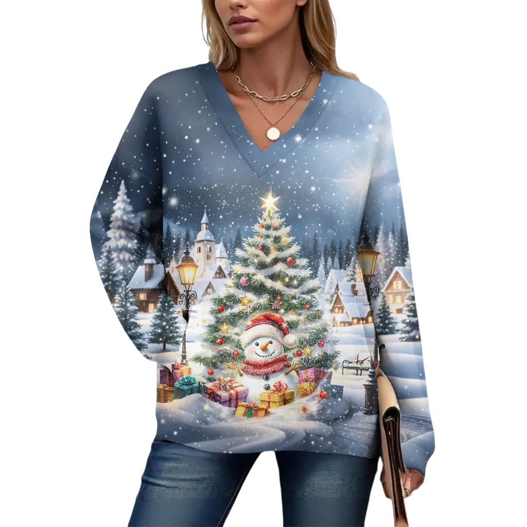 Women's Casual And Fashionable Christmas Print Long-Sleeved Top