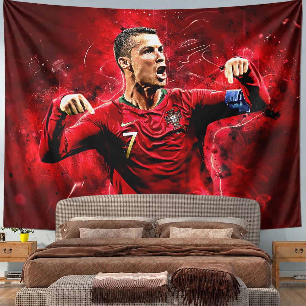 Dynamic red-themed design with abstract swirls and a football figure pose. Patterned tapestry for bedroom and living room home decor