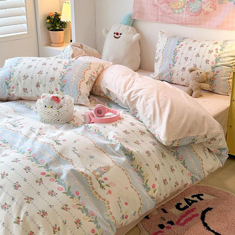 Маленький свежий комплект из четырех предметов в стиле ретро, комплект из чистого хлопка с цветочным узором, пододеяльник, простыня для общежития, комплект из трех предметов