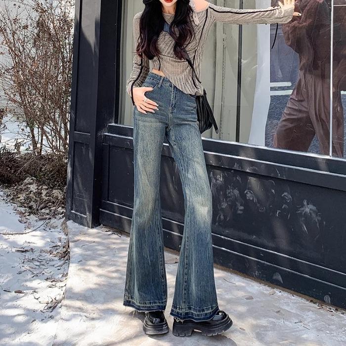 2025 Spring & Autumn Women's High-Waist Slimming Micro-Flare Jeans with Frayed Design