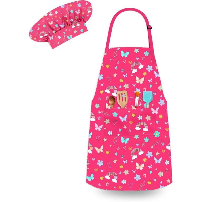 Kids Chef Hat and Apron, Adjustable Kids Aprons with Pocket Girls Boys Kitchen Toddler Aprons for Cooking Baking