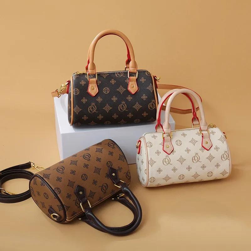 Boston Shoulder Bag for Women PU Leather Retro Printed Bag Luxury Crossbody Bag High Quality