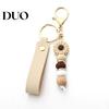 Silicone Bead Wristlet Keychain Flower with Faux Leather Wristlet, Car Key Wood Ring Pendant, Handbag Backpack Charm Beads Decorative