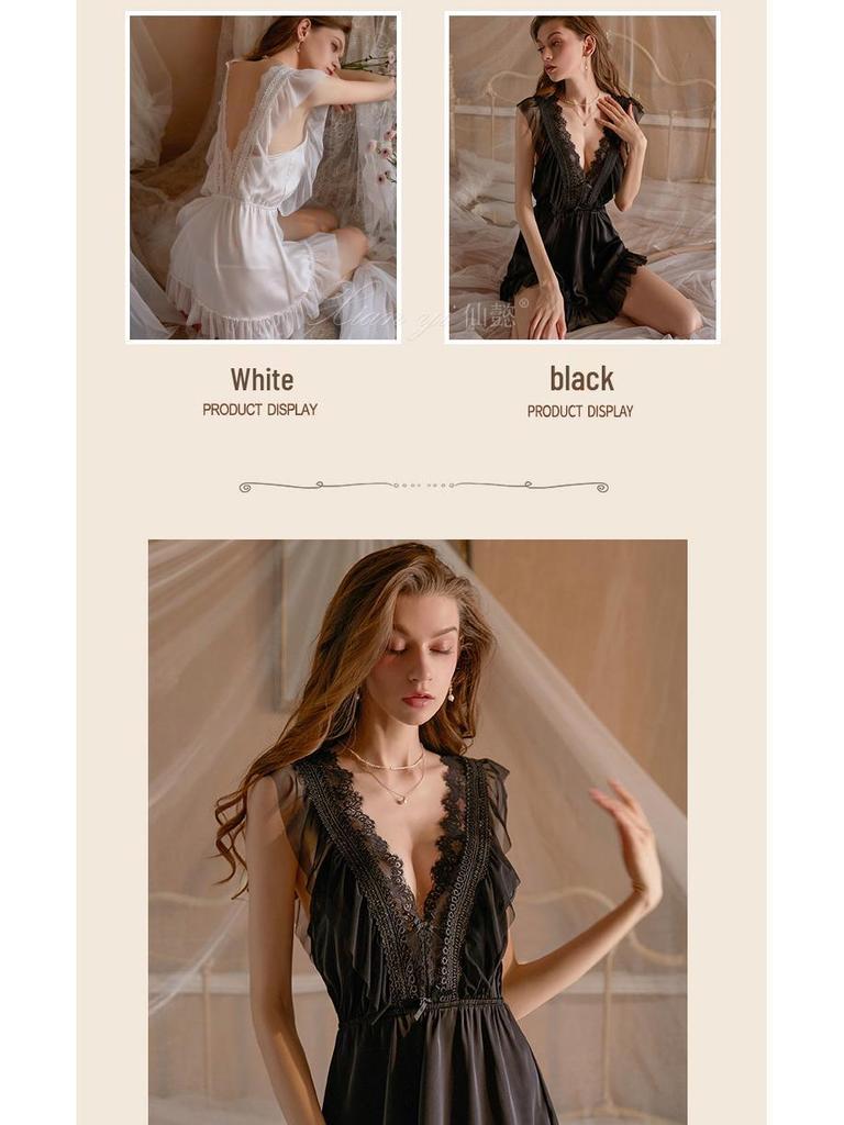 Комплект пижамы Xianyi Lace с водорастворимым цветочным кружевом: Женская сексуальная ночная сорочка на бретелях с глубоким V-образным вырезом для осенне-зимней домашней одежды.