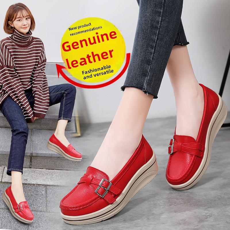 Женские туфли на танкетке из натуральной кожи на толстой подошве, с полым дизайном, большого размера, идеально подходят для мам среднего возраста