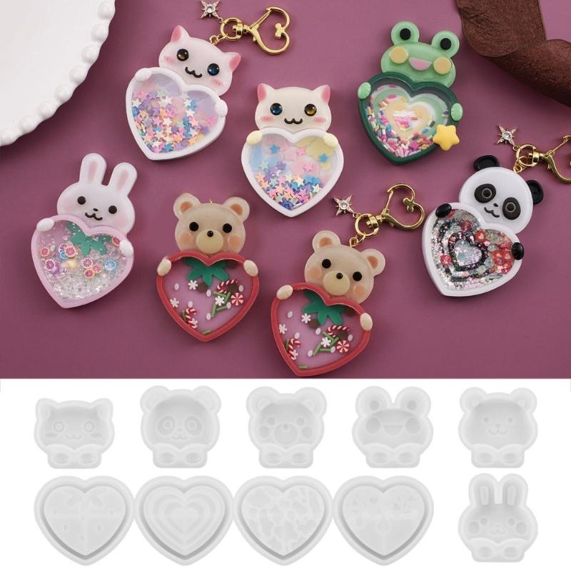 Crystal Resin Animal Molds Adorable Shaker Pendants Silicone Moulds with Cute Bear and Heart Shape