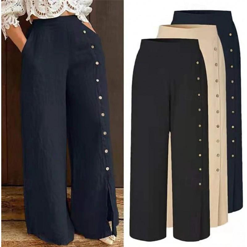 Womens Casual High Waist Wide Leg Pants Solid Color Button Pocket Design 2025 Fall