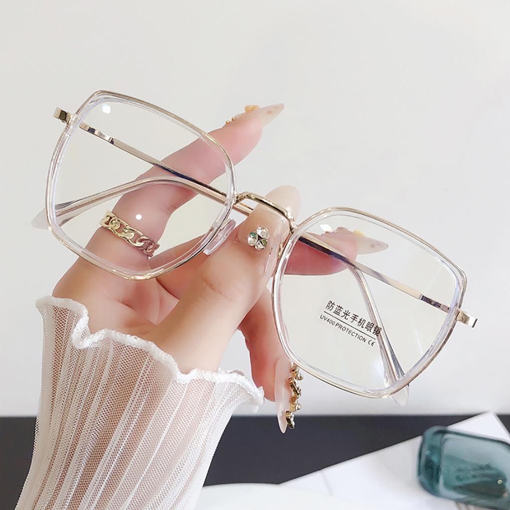 Fashion Anti Blue Light Glasses Large Square Metal Transparent Frame Women Computer Gaming Eye Protection Plain Spectacles