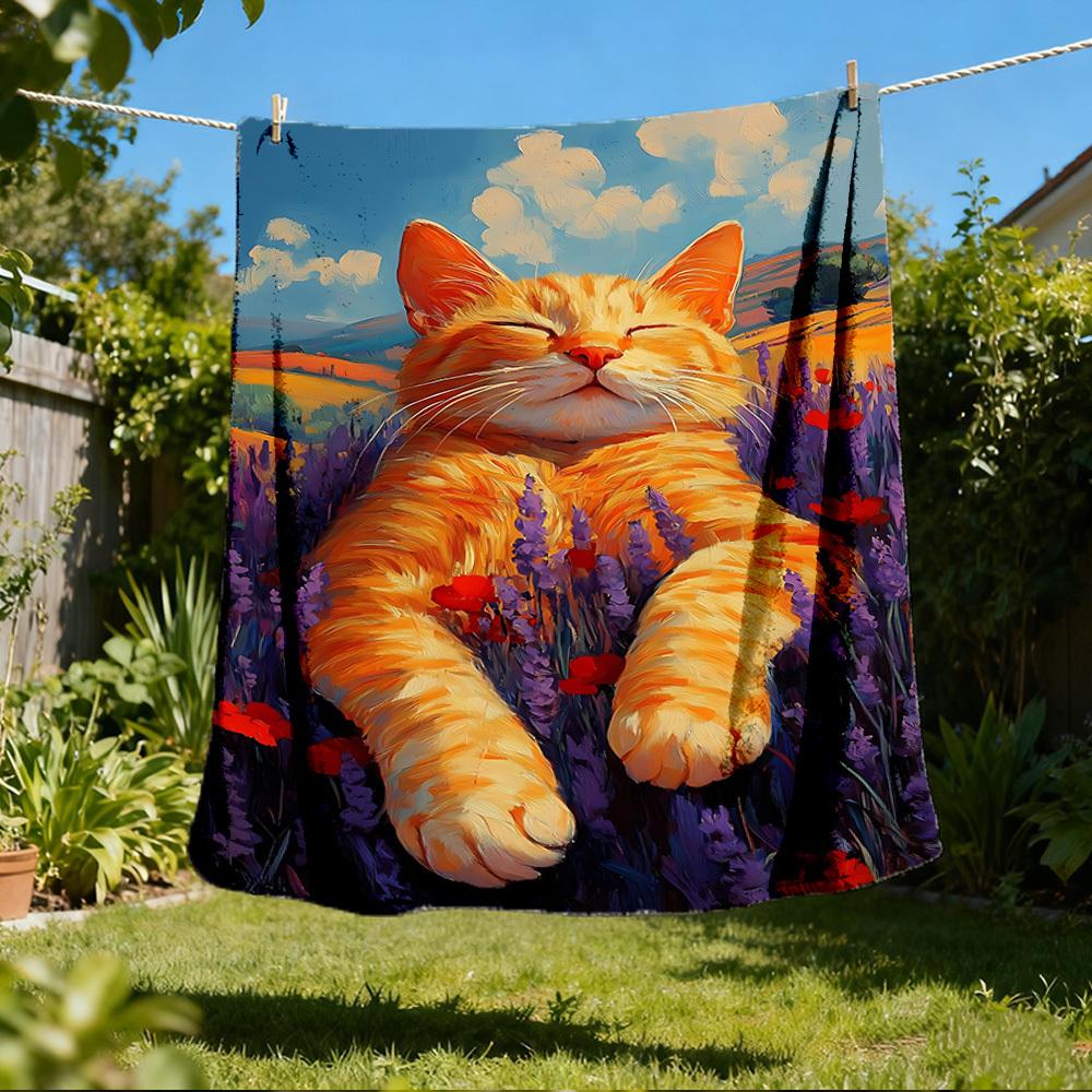 1pc Lavender Field Cat Print Outdoor Soft Polyester Flannel Throw Blanket Versatile for All Seasons , Soft , Cozy , Warm All Season Quilted Throw ,