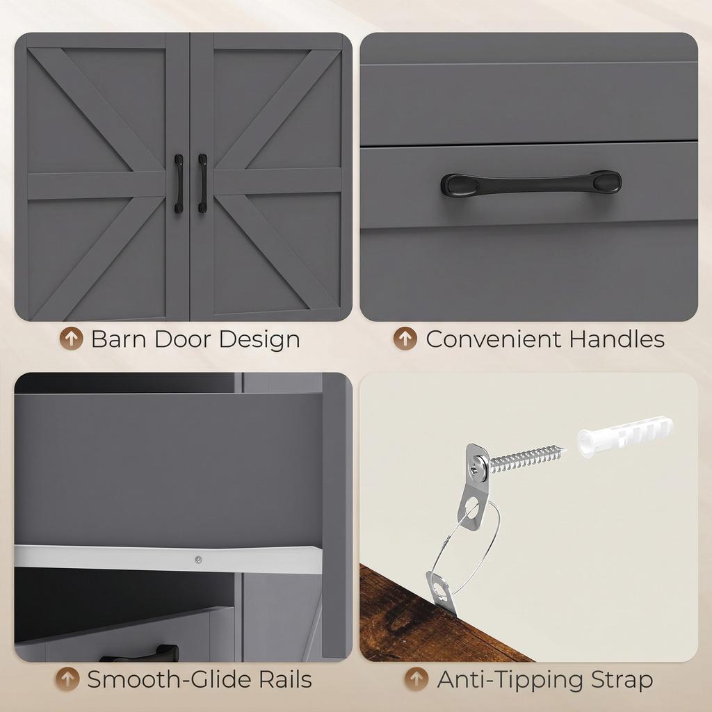Sideboard Cabinet with Power Outlet, Farmhouse Kitchen Cabinet with 3 Drawers and Open Shelf, Grey