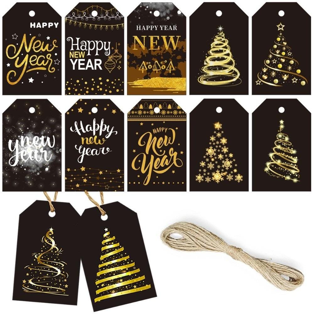24pcs/set with Hemp Rope Christmas Gift Labels Black Gold Party Decoration Tags Holiday Decorating