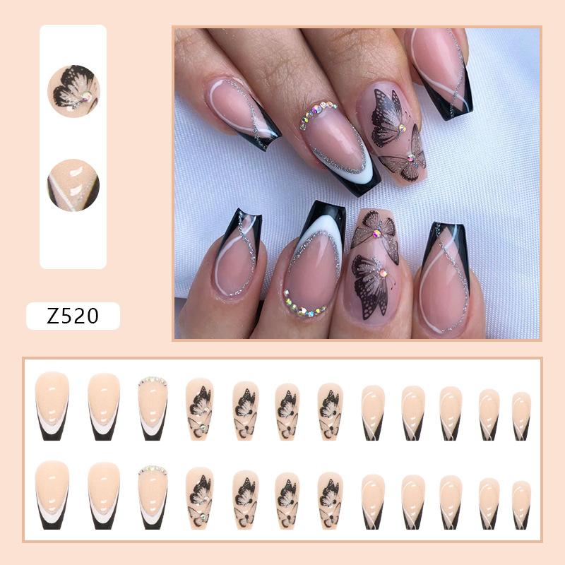 Artificial Nails Dark Sweet Cool Butterfly Wear Nail Simple French Nail Art Medium Long Diamond Style False Nail Black and White Color Matching Nail