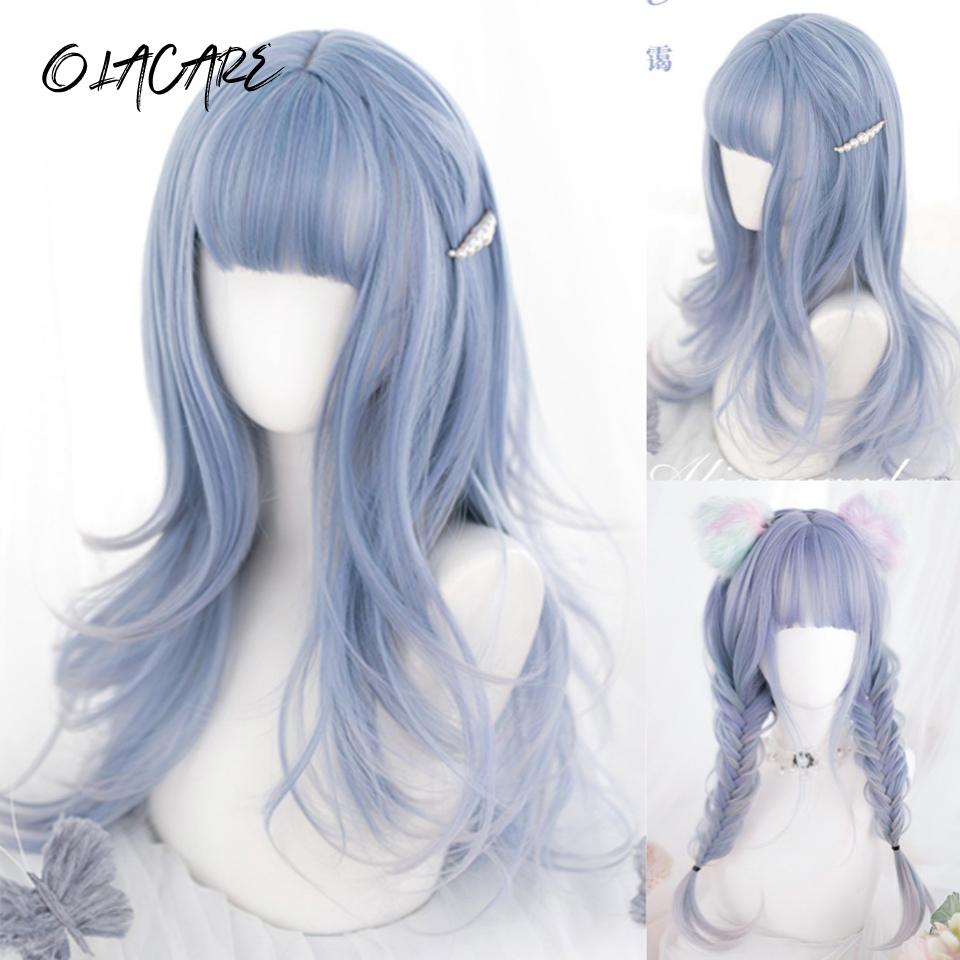OLACARE синтетический длинный прямой парик Лолита с челкой парик для девочек милый омбре голубой блонд черный парик для косплея вечеринки Хэллоуина Харадзюку