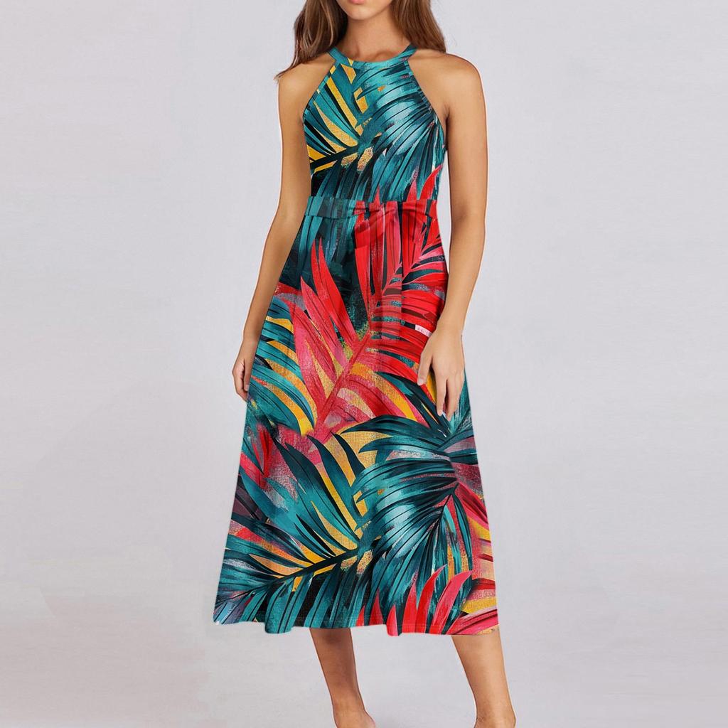 Женское повседневное платье миди с круглым вырезом, классическое, повседневное, без рукавов, свободное платье в стиле бохо с завязками, летний пляжный сарафан