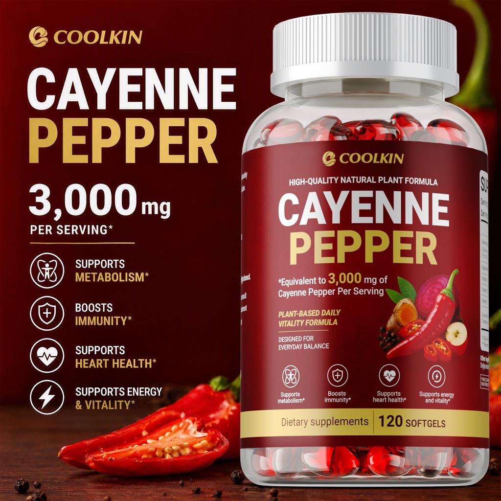Coolkin Cayenne Pepper Softgels 120 Count — Plant-Based Formula, Daily Wellness, Antioxidant Support