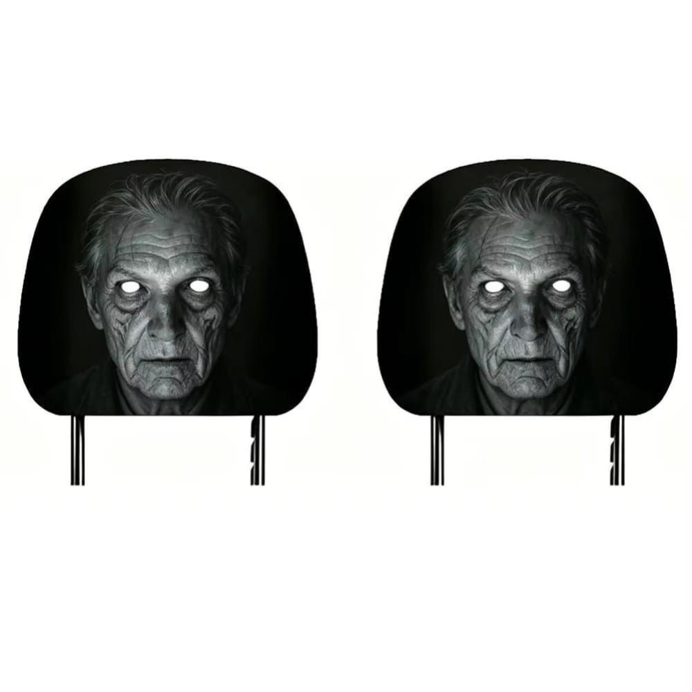 2Pcs Black Car Headrest Cover Scary Face Printing Car Headrest Protector Car Seat Cover  Halloween