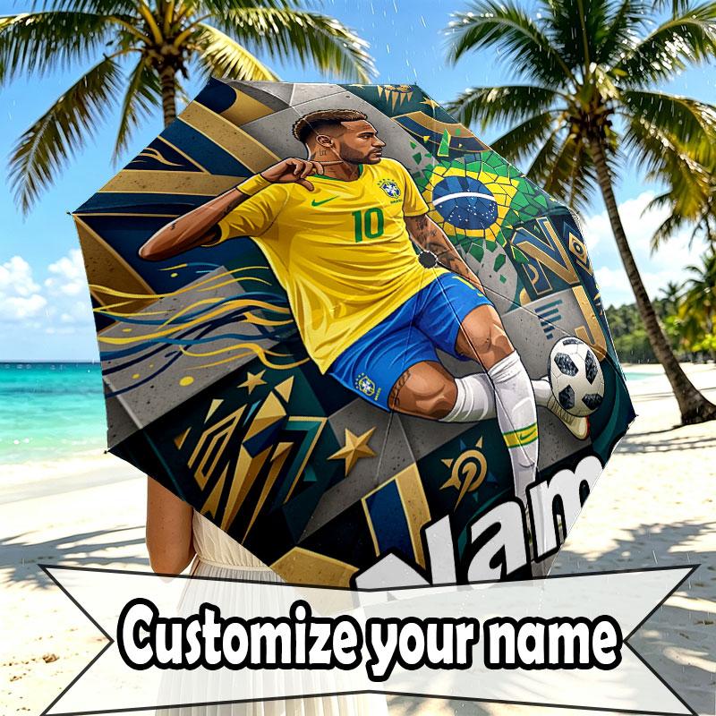 Custom Name Personalized Neymar Jr Print Umbrella, Auto Open Close, 8‑Rib Sturdy Frame, Commute Camping Hiking Use, Birthday Gift