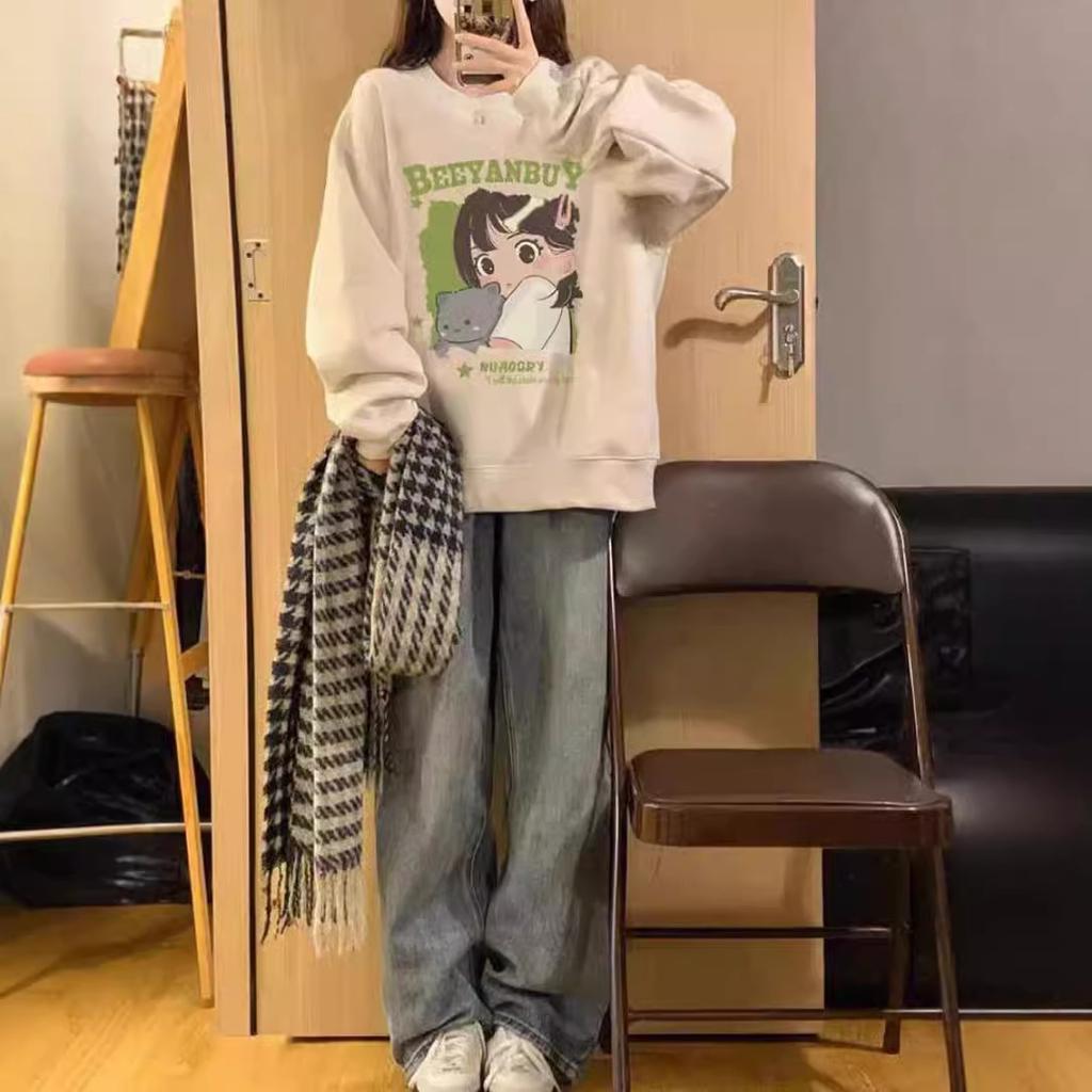 Autumn and Winter Round Neck Plus Size Loose Women's Couples Wear Padded Long Sleeve Pullover